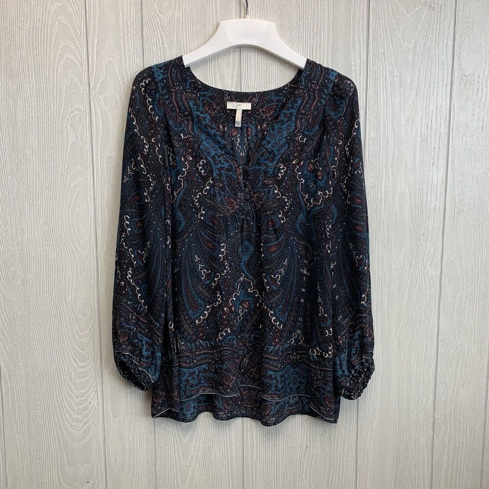 Joie Silk Black Blue V-Neck Long Sleeve Blouse Top Size Small
